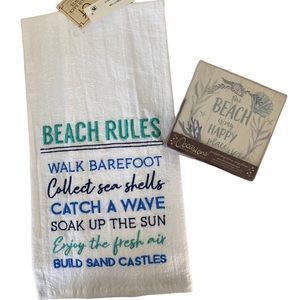 BEACH LOVERS Coasters and Embroidered Kitchen Towel